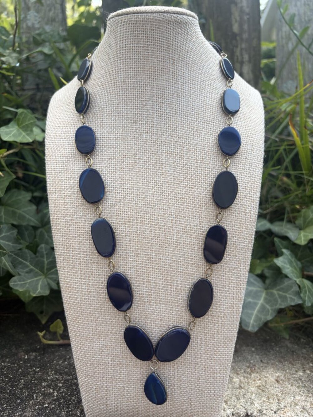Vintage Blue Agate Slice Oval Bezel Link Necklace Teardrop Pendant 22" Statement